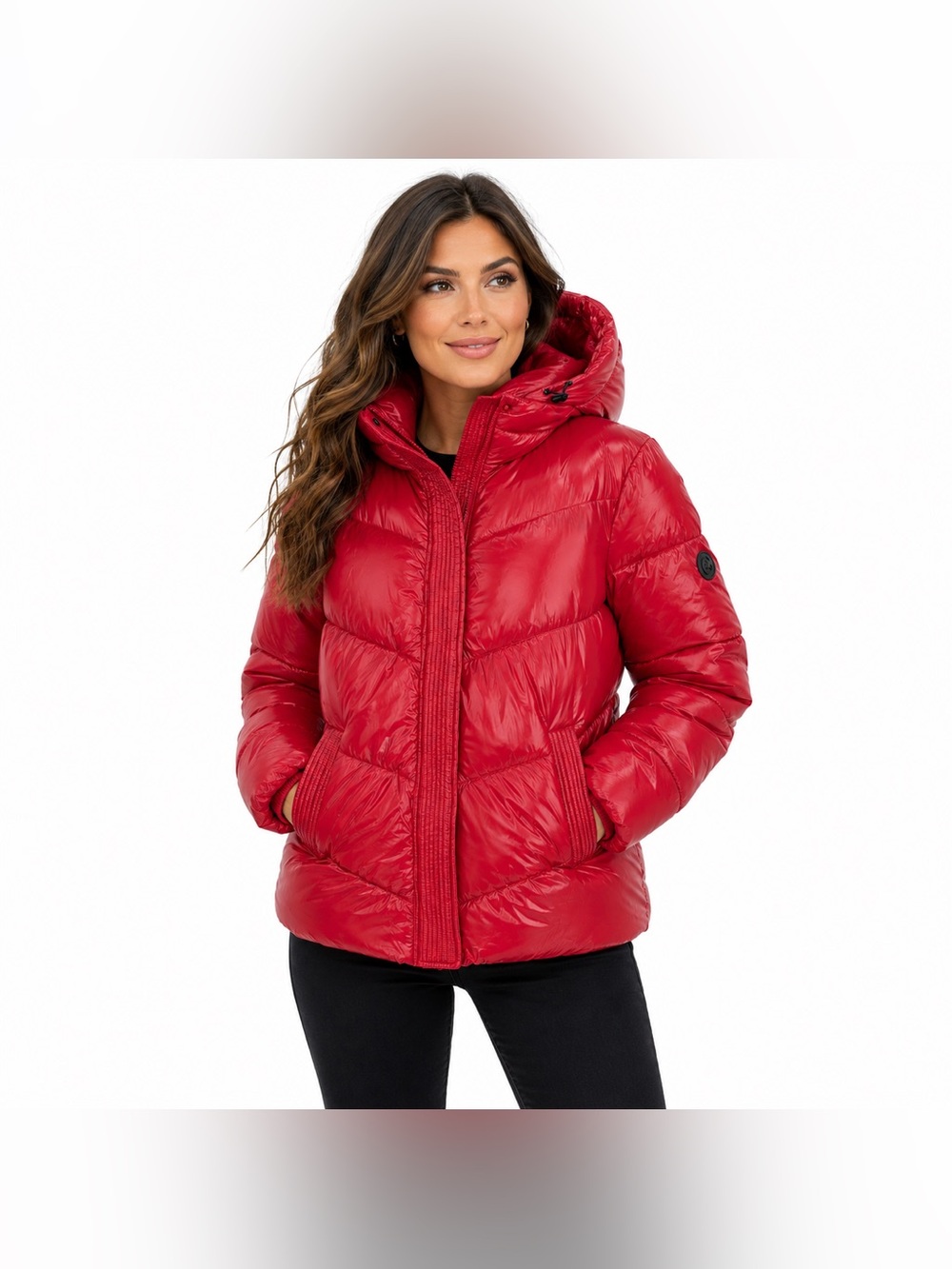Michael Kors Women’s Red High-Shine Hooded Puffer Jacket Quilted Winter Coat-XL